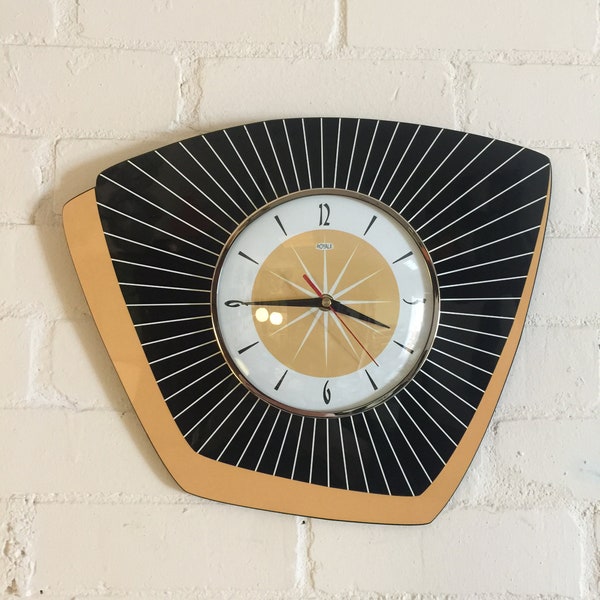 Large Handmade Asymmetric Formica Wall Clock from Royale - Midcentury French Atomic Retro style in Black & Lemon