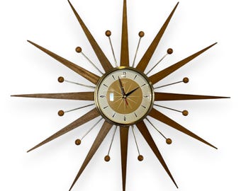 27 inch Hand Made Mid Century style Majestic Starburst Clock by Royale Medium Waxed Teak Rays Burnt Gold 1950s Face & Goldtone Frame