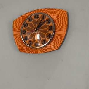 Formica Lucite Asymmetric Wall Clock from Royale 1970's Retro style in Tangerine Orange image 3