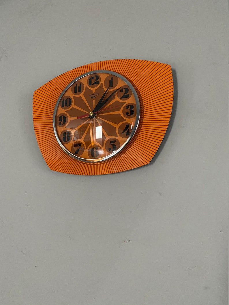 Formica Lucite Asymmetric Wall Clock from Royale 1970's Retro style in Tangerine Orange image 3