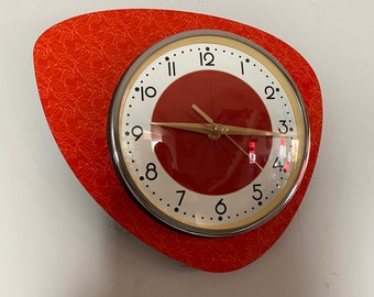 Handmade Asymmetric Queens Gambit style Wall Clock in Tomato Red with Starburst Dial from Royale - Midcentury French Atomic Retro.