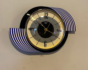 Colour Etched Eye Kandy Formica Kitchen Wall Clock from Royale - Midcentury Atomic Jetsons Retro style in Royal Blue & Cream.