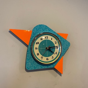 Handmade Asymmetric Formica Wall Clock in Turquoise & Neon Tangerine from Royale Midcentury Atomic Retro style
