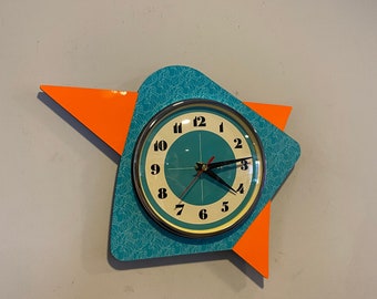 Handmade Asymmetric Formica Wall Clock in Turquoise & Neon Tangerine from Royale Midcentury Atomic Retro style