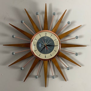 21" Hand Made Mid Century style Starburst Clock by Royale - Welby style Medium Teak Rays & with Dove Grey Cream Dial