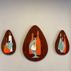 Set of 3 Retro handmade mid century style asymmetric atomic Classic Still Life Wall Art Plaques by Royale in Faux Walnut