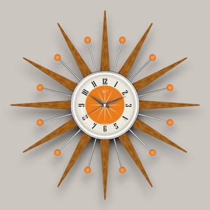 Mid Century style Starburst Sunburst Clock Handmade By Royale - Medium Teak Rays Orange Welby Dial & Orange Atomic Balls - 21 inches