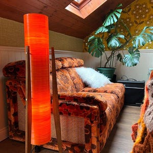May include: A mid-century modern living room with a bright orange floor lamp, a patterned orange couch, and a large green plant in a terracotta pot.