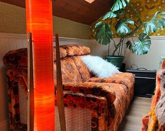 Mid Century Modern Rocket Lamp in Orange Spun Fiberglass, Solid Teak Wood Legs