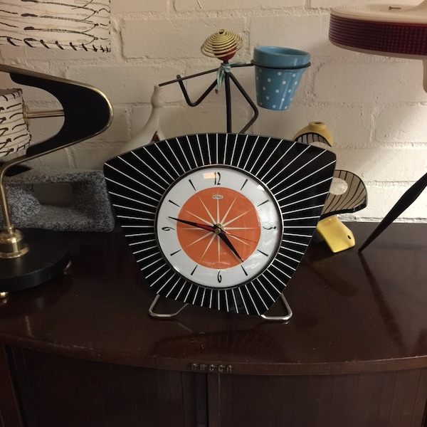 Handmade Formica Mantle or Wall Clock from Royale - Midcentury French Atomic Retro style in Black with a Tangerine Face