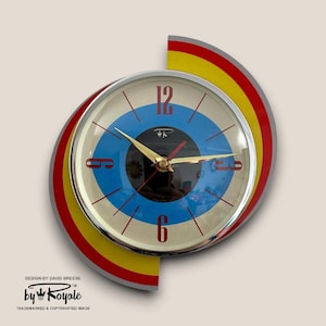 Reloj de pared giratorio de meteorito de mediados de siglo, hecho a mano, estilo atómico retro.