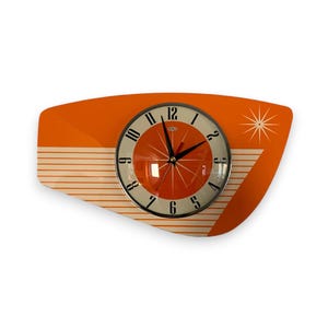 British Handmade Retro Clock, Tangerine Orange Royalexe Wall Clock, Midcentury Atomic Starburst Wall Clock, Throwback Home Decor