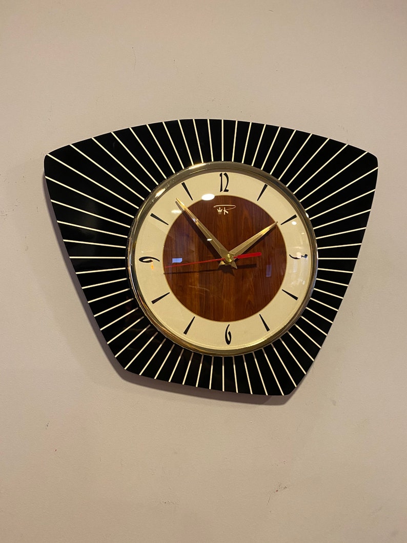 Midcentury Modern Handmade Asymmetric Millennial Wall Clock in BlackCream & Faux Walnut by Royale French Atomic Retro style image 1