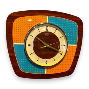 Handmade 1970&#39;s style Faux Walnut Wall Clock with Orange & Turquoise Dotty Design 1950&#39;s style face from Royale