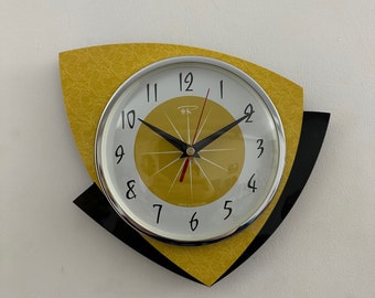 Mid Century Modern style Royale Laminate Caravan Wall Clock - Yellow Naugahyde Design Slip Shadow Atomic 1970's Retro Design.