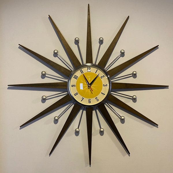 27 inch Hand Made Mid Century style Starburst Clock by Royale - Welby style Chrome Metalwork Dark Waxed Teak Rays & 1950's Yellow Dial