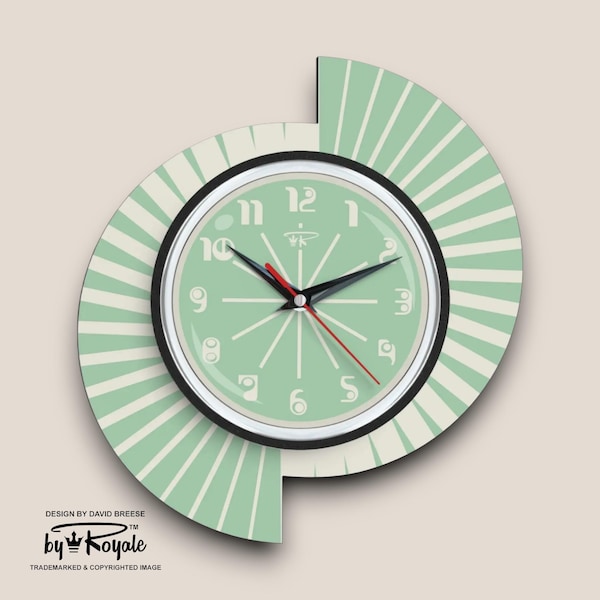 Mid-Century Modern Wall Clock: Mint Green & White Atomic Style