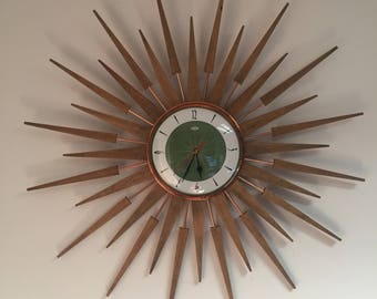 Large 27 inch Hand Made Mid Century style Starburst Sunburst Clock by Royale Clock Style 51 in Avacado