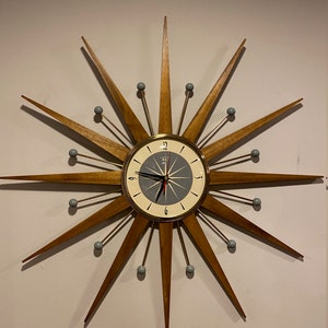 26" Hand Made Mid Century style Starburst Goldtone Clock by Royale - Welby style Medium Teak Rays & with Dove Grey Cream Dial