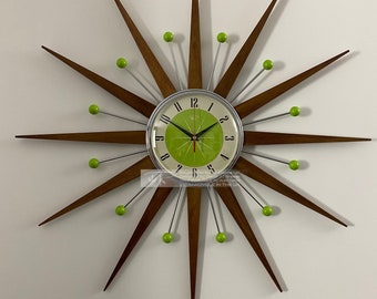 Royale Starburst Wall Clock Mid Century Modern style Chrome Frame Silent Medium Teak Rays Chartreuse Face & Atomic Balls British Made