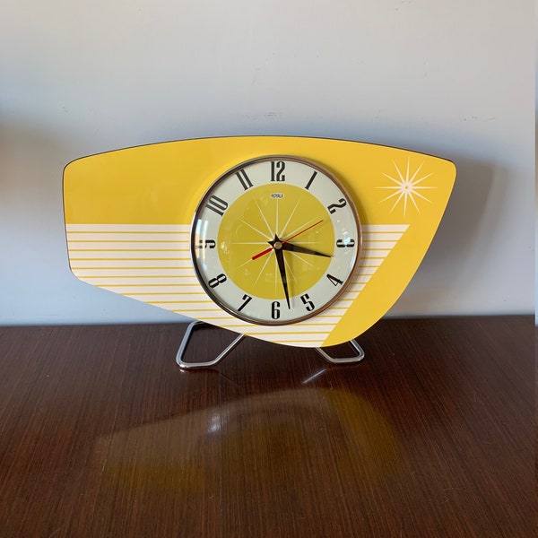 Handmade colour etched Formica Mantle Clock in Mellow Yellow from Royale - Midcentury French Atomic Retro style