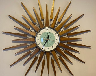 Large 27 inch Hand Made Mid Century style Starburst Sunburst Clock by Royale - Seth Thomas style with 1950's Mint Dial
