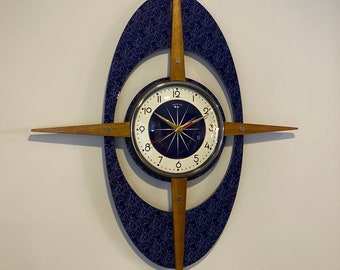 Large 27 inch Mid Century style Starburst Clock by Royale - Navy Blue Gambit Face, Medium Teak Wood Rays on Mint Naug Formica