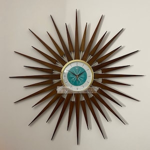 Large 30 inch Hand Made Mid Century Seth Thomas style Starburst Clock by Royale with Turquoise & CWhite 1950&#39;s dial.