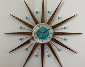 Royale Starburst Wall Clock Mid Century Modern style Chrome Frame Silent Medium Teak Rays Old Turquoise Face & Atomic Balls British Made