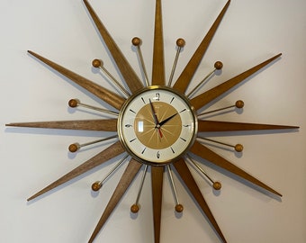 27 inch Hand Made Mid Century style Majestic Starburst Clock by Royale Medium Waxed Teak Rays Burnt Gold 1950s Face & Goldtone Frame