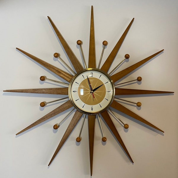 27 inch Hand Made Mid Century style Majestic Starburst Clock by Royale Medium Waxed Teak Rays Burnt Gold 1950s Face & Goldtone Frame