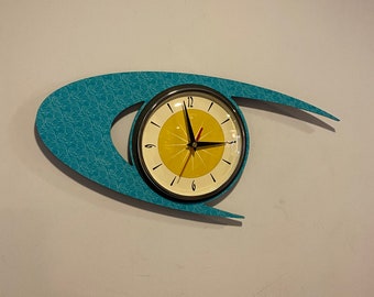 Colour Etched Lucite Formica Wall Clock from Royale - Midcentury Atomic Boomerang Retro style in Turquoise & Yellow
