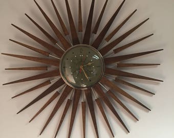 Large 27 inch Hand Made Mid Century style Starburst Sunburst Clock by Royale Clock Type 53 with 1950's Face in Avacado