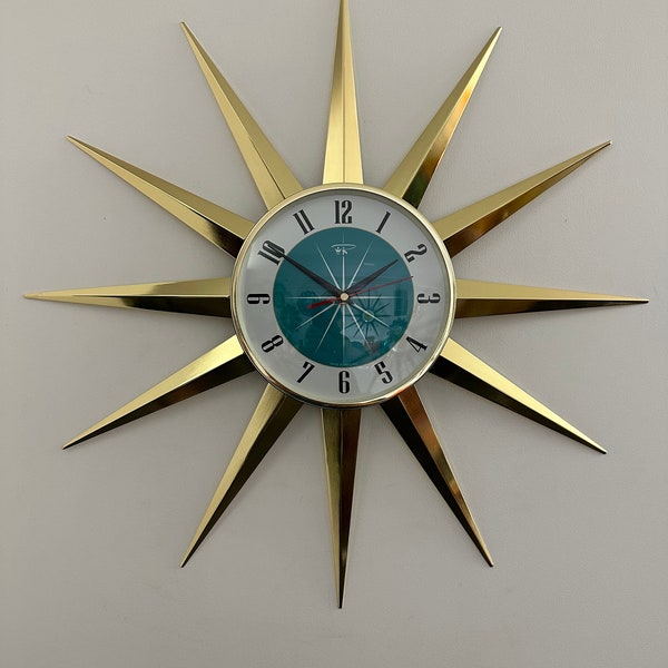 British Made 24 inch Mid Century style Starburst Clock by Royale 12 Goldtone Brass Plated Metal Rays with a 1950's New Turquoise Face