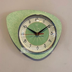 Handmade Asymmetric Queens Gambit style Wall Clock in Jadeite Green with Starburst Dial from Royale - Midcentury French Atomic Retro.