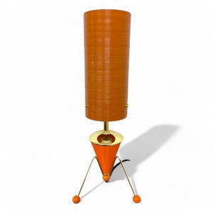 Midcentury Modern style Sputnik Rocket Lamp by Royale - British Made Atomic Space Age with Tripod Legs and an Orange Spun Fiberglass Shade