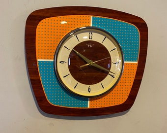 Handmade 1970's style Faux Walnut Wall Clock with Orange & Turquoise Dotty Design 1950's style face from Royale