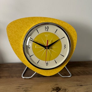 Handmade Asymmetric Queens Gambit style Mantle Clock in Yellow with Starburst Face No.26 By Royale - Midcentury French Atomic Retro