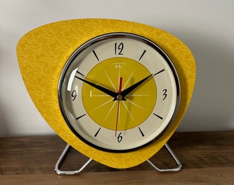 Handmade Asymmetric Queens Gambit style Mantle Clock in Yellow with Starburst Face No.26 By Royale - Midcentury French Atomic Retro