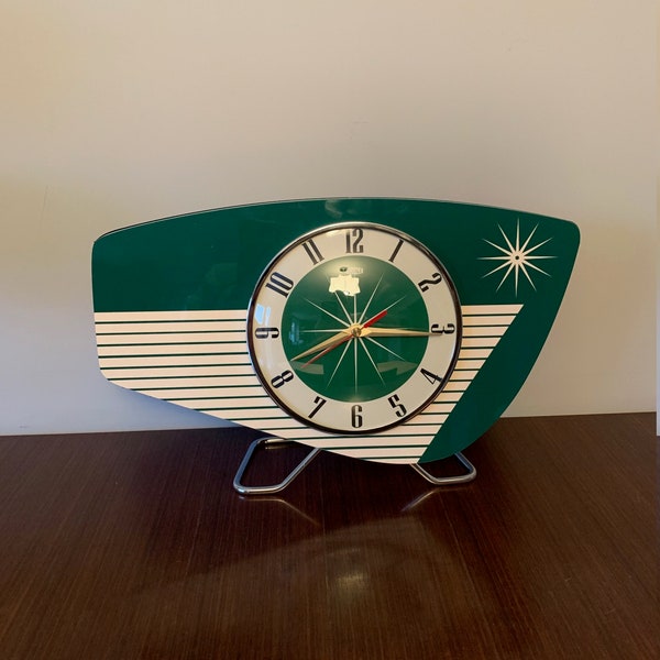 Handmade colour etched Formica Mantle Clock in Racing Green from Royale - Midcentury French Atomic Retro style with Starburst Design