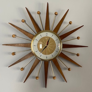 21 inch Hand Made Mid Century style Majestic Starburst Clock by Royale Medium Waxed Teak Rays Burnt Gold 1950s Face & Goldtone Frame