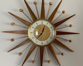 21 inch Hand Made Mid Century style Majestic Starburst Clock by Royale Medium Waxed Teak Rays Burnt Gold 1950s Face & Goldtone Frame