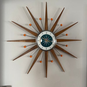 27 inch Hand Made Mid Century style Starburst Sunburst Clock by Royale - Welby style Medium Teak Rays & with 1950s style Teal Dial