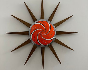 Mid Century Modern Starburst Wall Art: Teak Rays, Chrome & Lucite