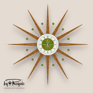 Teak Starburst-klocka: Väggdekoration i modern stil från mitten av århundradet, 61 cm avokado