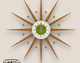 Teak Starburst Clock: Mid Century Modern Wall Decor, 27"