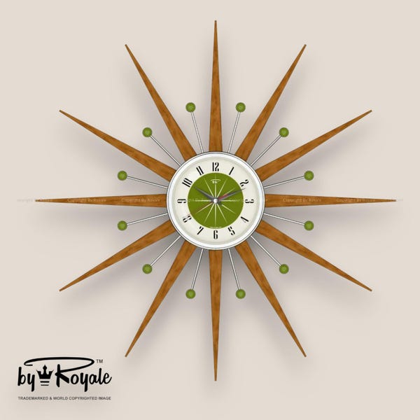 Teak Starburst Wanduhr: Mid Century Modern Wanddekor, 70 cm