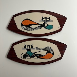 Handmade Mid Century Modern Asymmetric Atomic Cats Royalexe Faux Dark Walnut Wall Art Plaques by Royale