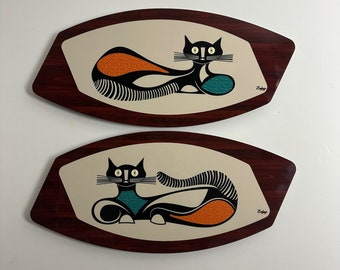 Placas de arte mural de gatos atómicos de mediados de siglo hechas a mano - Nogal imitación Royalexe