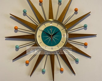 21 inch Hand Made Mid Century style Starburst Clock by Royale - Turquoise Face 12 3 6 9 Medium Teak Rays Orange & Turquoise Balls.